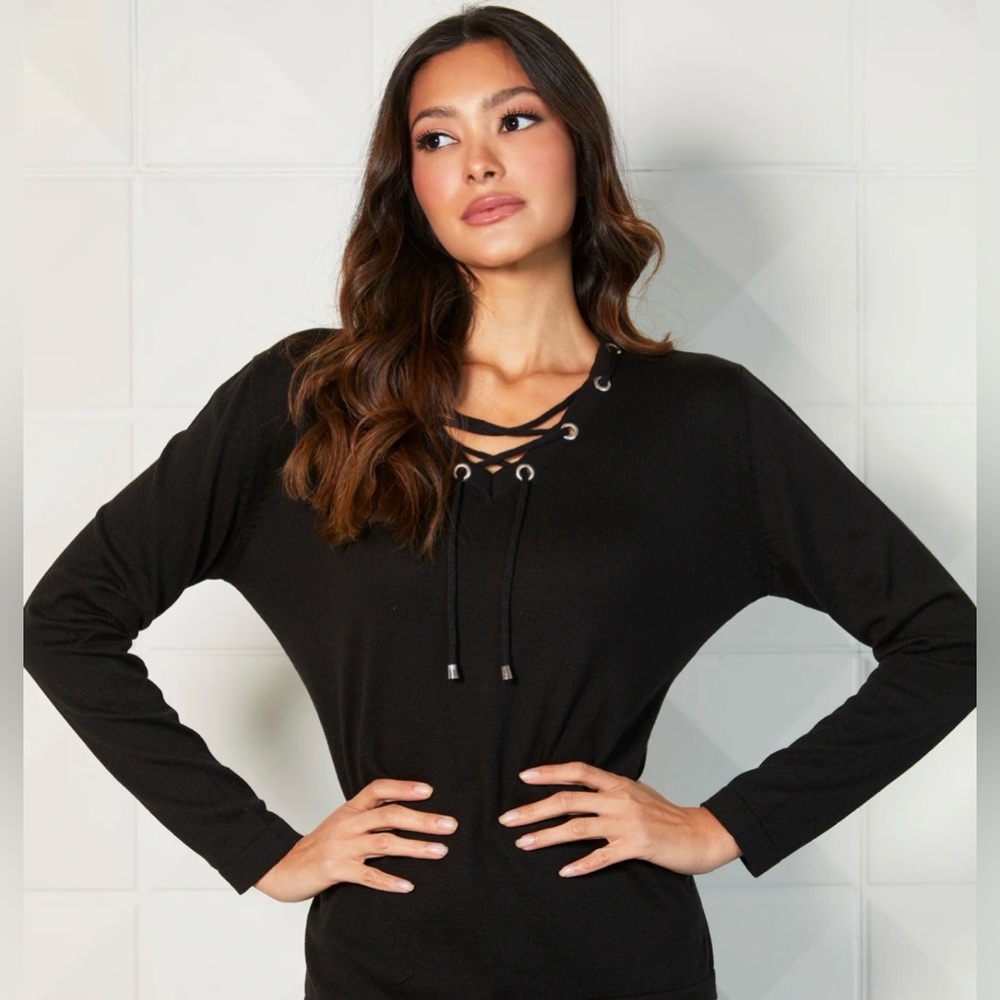 Calvin Klein Black Lace-Up V-Neck Knit Top With Zip Sleeves Size M